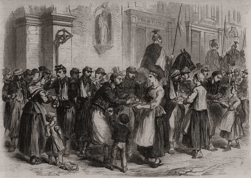 The war: Belgian charity to French soldiers at Namur. Belgium 1870 print